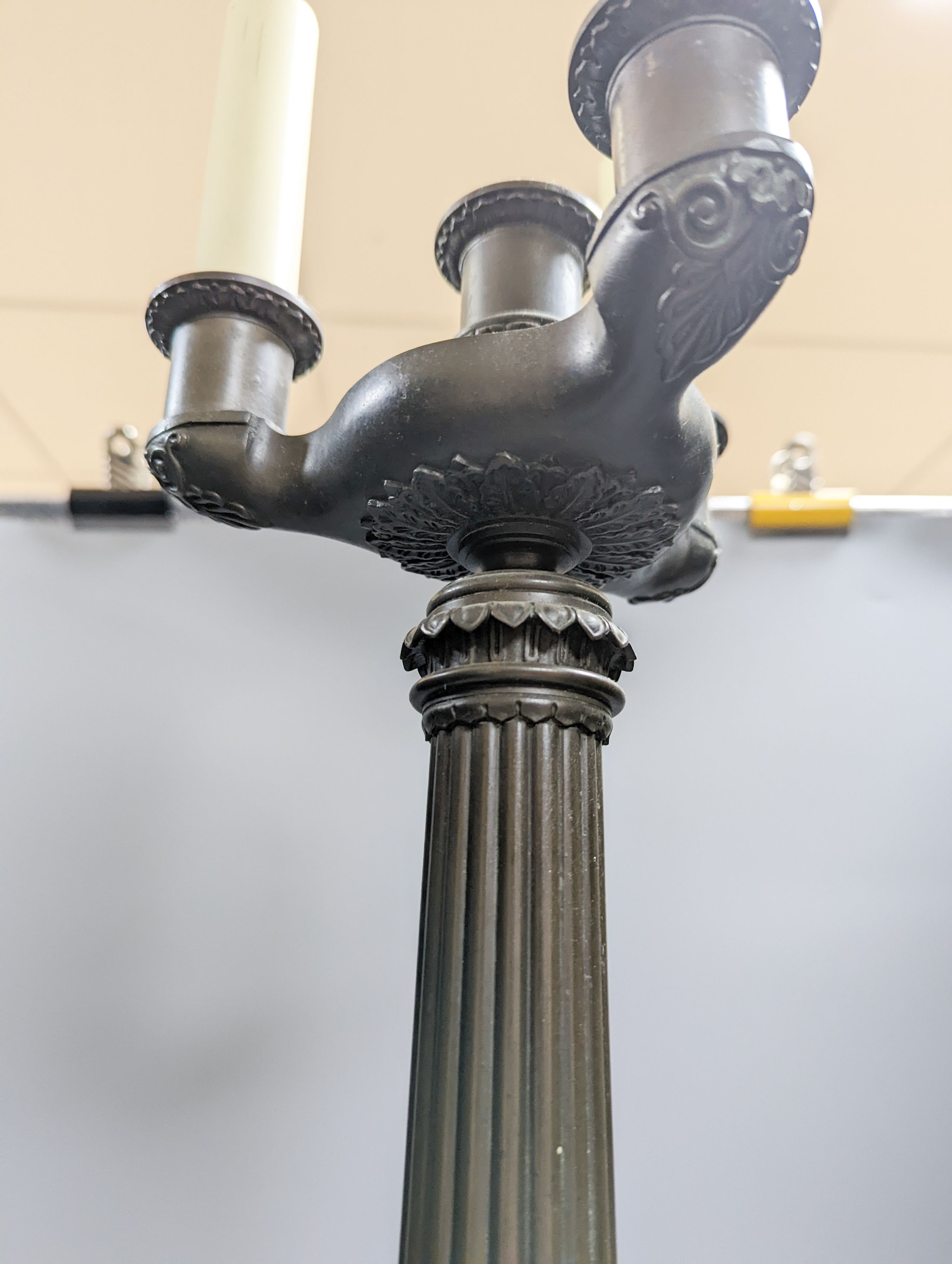 An Empire style 3 light bronze figural table lamp 63cm